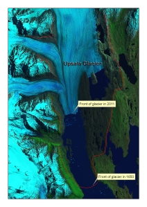 Satellite image of Upsala Glacier in Argentina, one of the 270 Patagonian glaciers included in the study. The glacier has retreated a distance of 13km between 1650 and 2011, as well as shrinking vertically. Credit: Neil Glasser