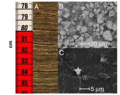 Sediments from the Pumacocha core, where A) shows a digital camera photograph of millimetre scale varves in the upper part of the core, B) shows calcite crystals thousandths of a millimetre, or micrometres (µm) in size and C) shows even smaller organic material found in the core. Credit: PNAS