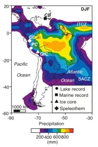 The study compared the record in the Pumacocha sediment core (PC) to various geological records from South America—Cascayunga Cave (CC), the Quelccaya ice Cap (QIC), and the Cariaco Basin (CB)—as well as the annual position of the Intertropical Convergence Zone (ITCZ). Regions with precipitation above 200 mm during the austral summer (December–February) are coloured. Study codesigner Don Robell warns that populations on the western coast of South America could be severely affected as monsoons get drier and glaciers shrink. Credit: University of Pittsburgh