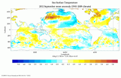 A new ocean reanalysis called ORAS4, here showing the difference between September 2012 sea temperatures and the average for 1989-2009 (not part of the latest study), has helped show that extra heat trapped in the atmosphere by CO2 humans are emitting is buried in the deep ocean. Credit: ECMWF