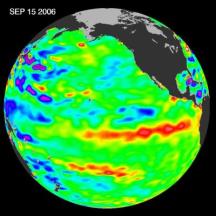 Warmer water - shown in red - indicates the return of El Niño to the Pacific in 2006. Credit: NASA