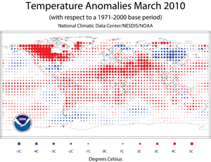 The global temperature differences from average for March. Red circles indicate higher temperatures, with larger red circles indicating a greater change. Credit: NOAA.
